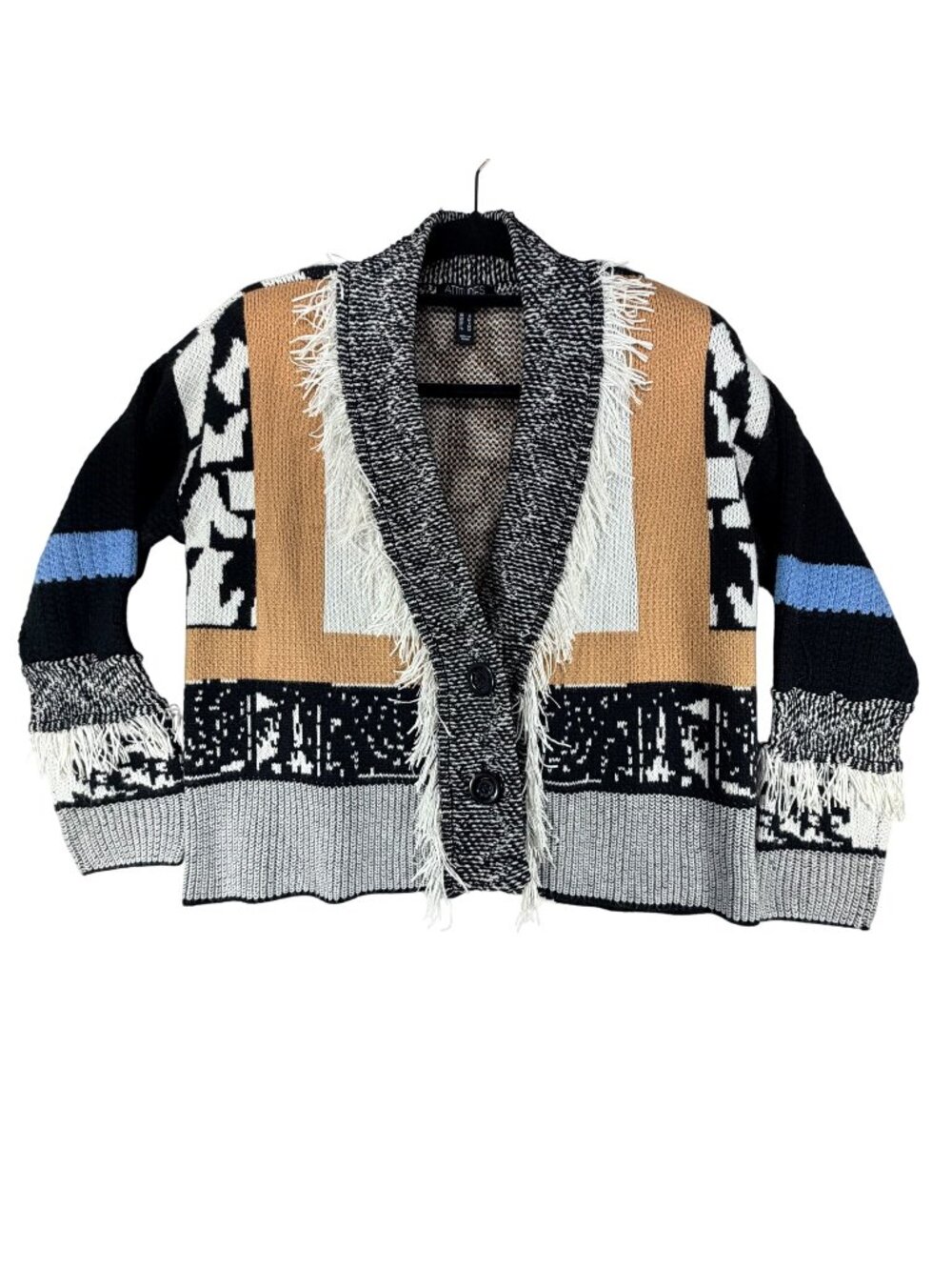 Attitudes By Renee Fringed Cardigan Sweater Small Black Tan Button Shawl Collar